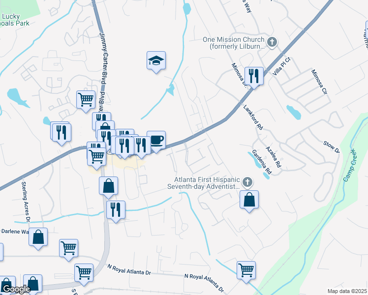 map of restaurants, bars, coffee shops, grocery stores, and more near 6177 Bellewood Ash Northwest Lane in Tucker