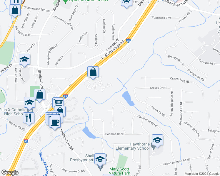 map of restaurants, bars, coffee shops, grocery stores, and more near 3095 Colonial Way in Chamblee