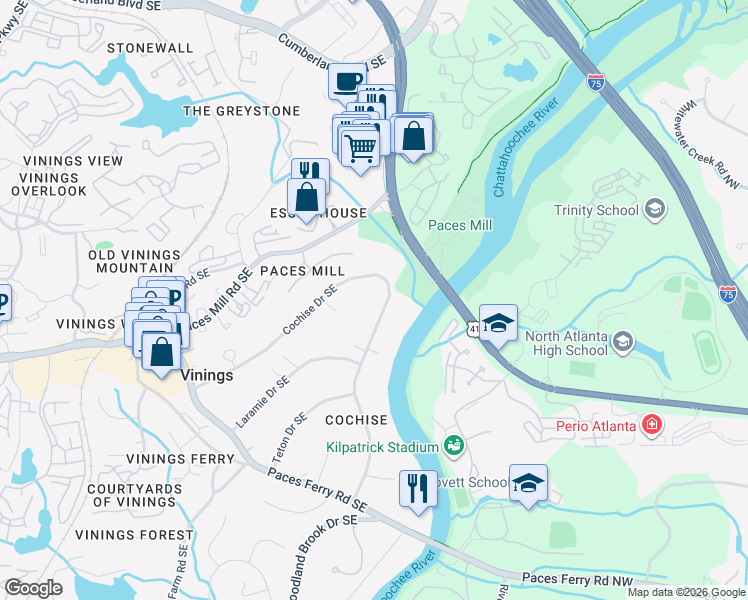 map of restaurants, bars, coffee shops, grocery stores, and more near 3514 Cochise Drive Southeast in Atlanta