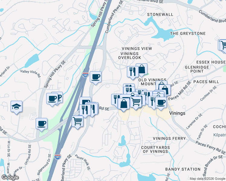 map of restaurants, bars, coffee shops, grocery stores, and more near 2727 Paces Ferry Road Southeast in Atlanta