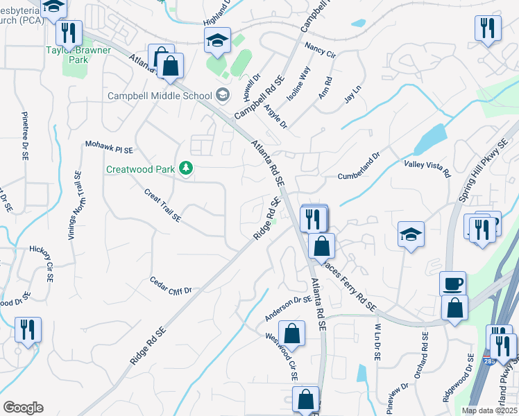 map of restaurants, bars, coffee shops, grocery stores, and more near 3504 Ivy Manor Road Southeast in Smyrna