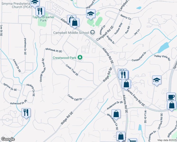 map of restaurants, bars, coffee shops, grocery stores, and more near 3505 Commanche Court Southeast in Smyrna