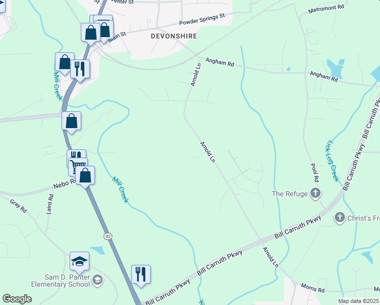 map of restaurants, bars, coffee shops, grocery stores, and more near 85 Paris Circle in Hiram