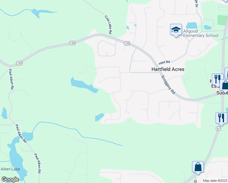 map of restaurants, bars, coffee shops, grocery stores, and more near 134 Paces Lakes Overlook in Dallas
