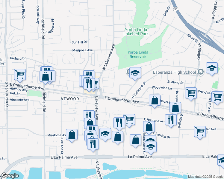map of restaurants, bars, coffee shops, grocery stores, and more near 4568 East Meadowhill Avenue in Anaheim