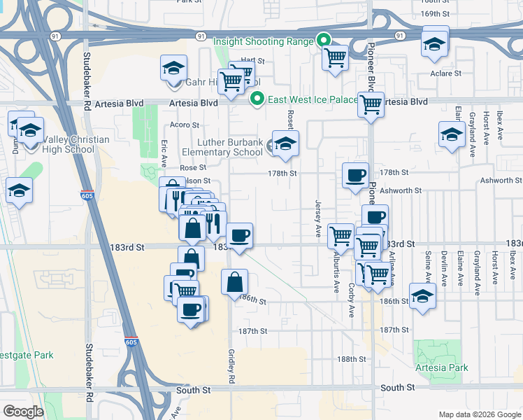 map of restaurants, bars, coffee shops, grocery stores, and more near 18018 Summer Avenue in Artesia