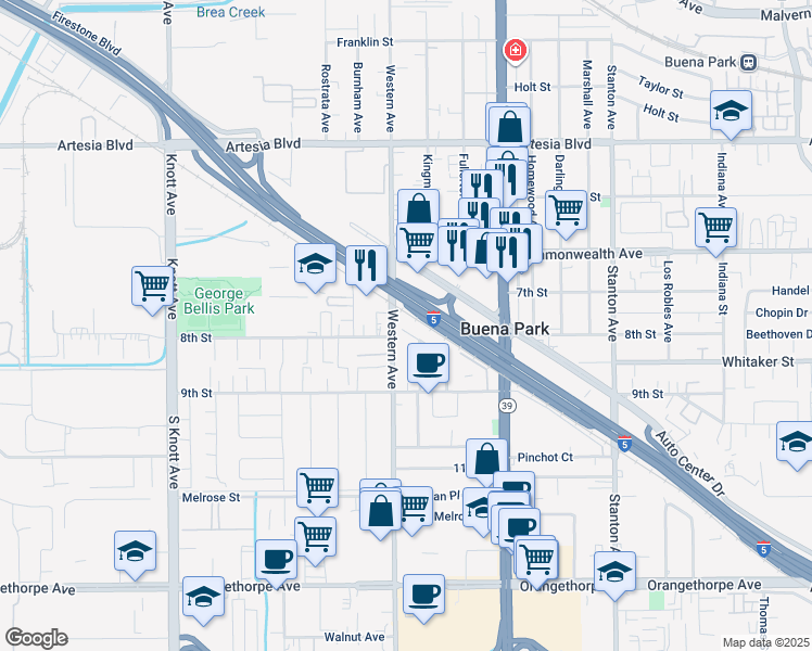map of restaurants, bars, coffee shops, grocery stores, and more near 7515 8th Street in Buena Park