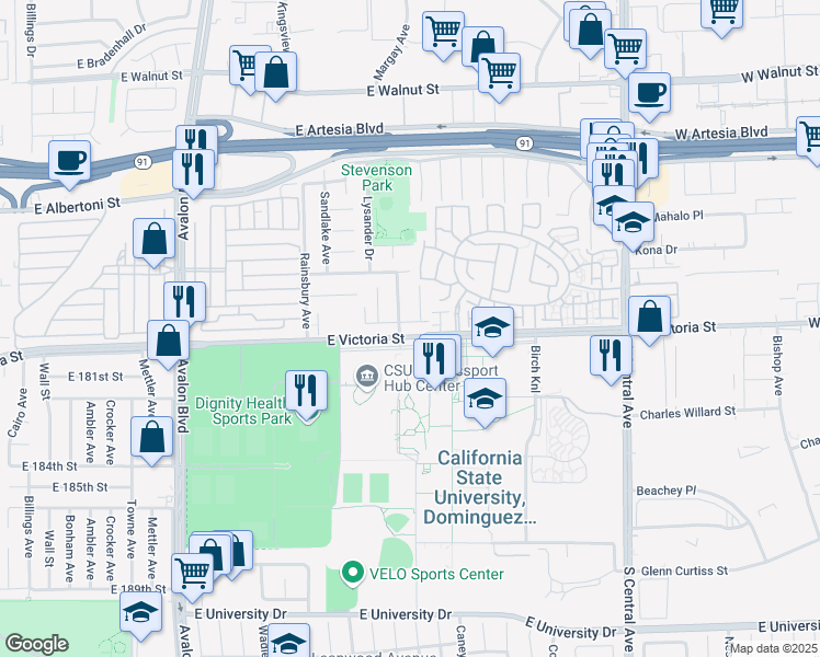 map of restaurants, bars, coffee shops, grocery stores, and more near 952 East Sagebank Street in Carson