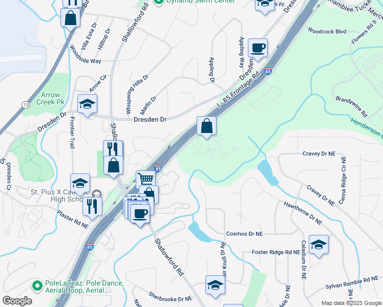 map of restaurants, bars, coffee shops, grocery stores, and more near 3081 Colonial Way in Chamblee