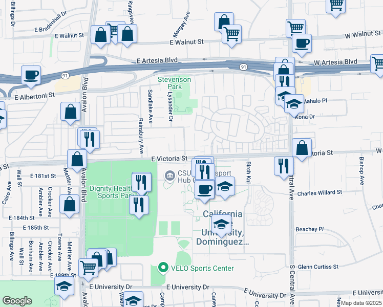 map of restaurants, bars, coffee shops, grocery stores, and more near 1000 East Victoria Street in Carson