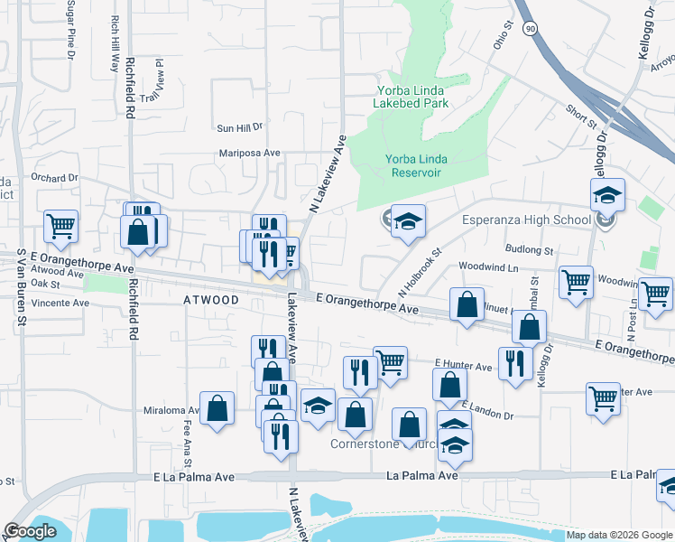 map of restaurants, bars, coffee shops, grocery stores, and more near 4568 East Meadowhill Avenue in Anaheim