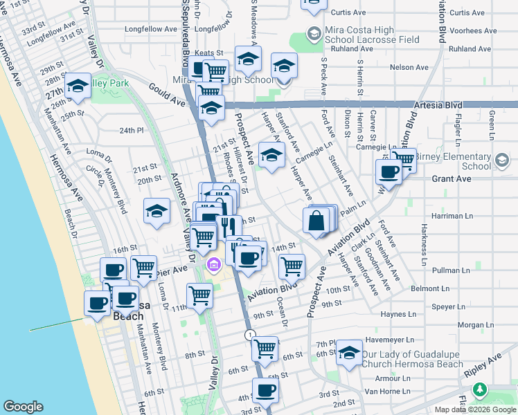 map of restaurants, bars, coffee shops, grocery stores, and more near 1022 17th Street in Hermosa Beach