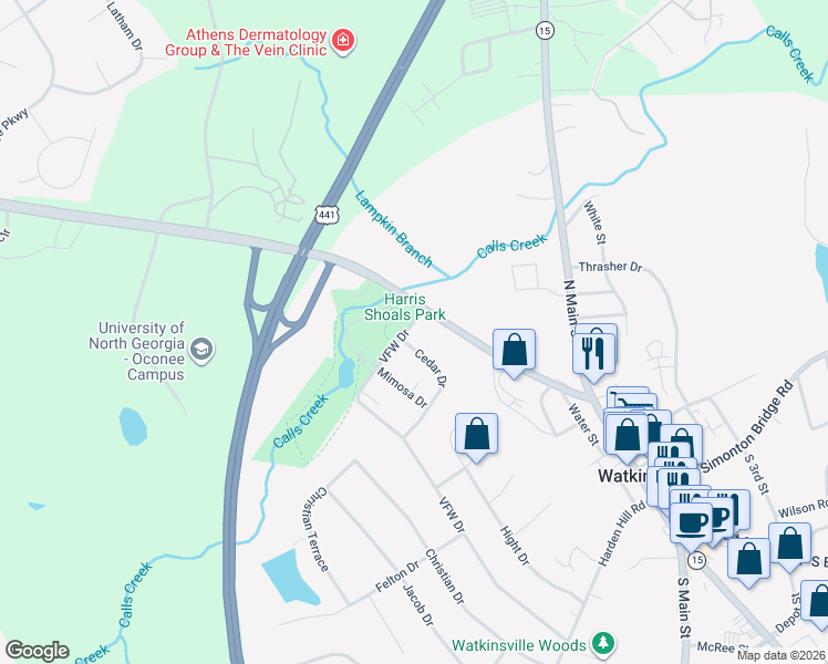 map of restaurants, bars, coffee shops, grocery stores, and more near 188 VFW Drive in Watkinsville
