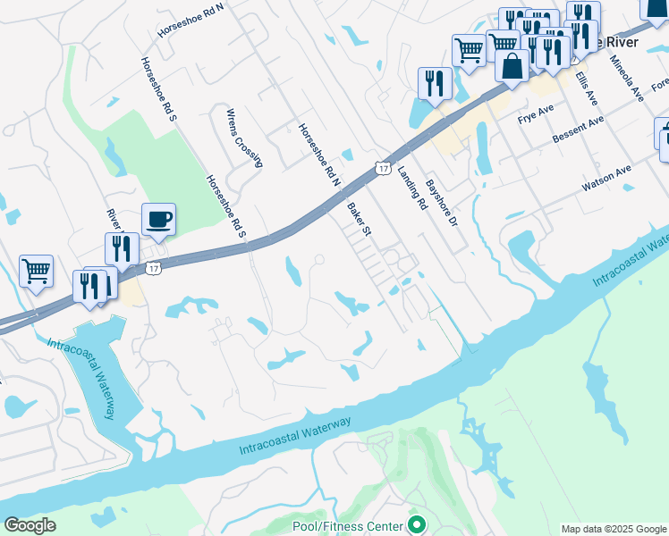map of restaurants, bars, coffee shops, grocery stores, and more near 4348 Oakwood Circle in Little River