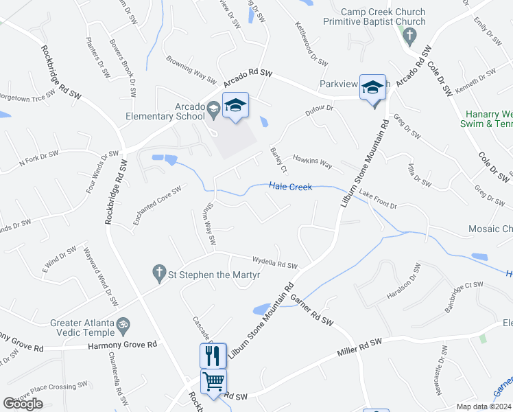 map of restaurants, bars, coffee shops, grocery stores, and more near 5133 Arbor Lane Southwest in Lilburn