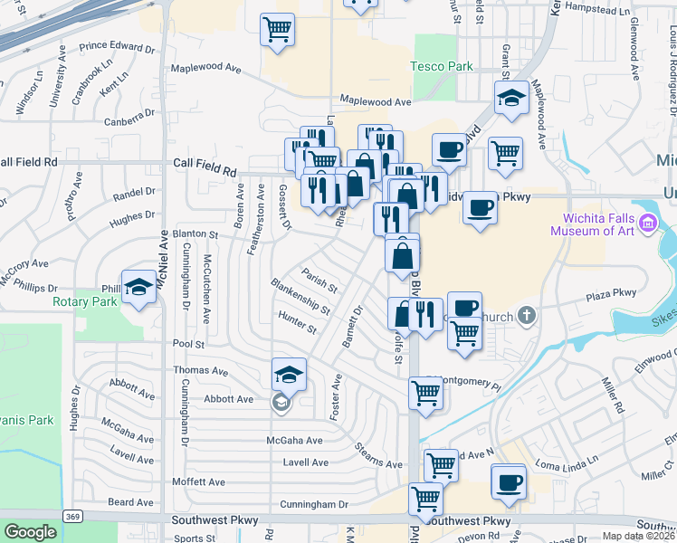 map of restaurants, bars, coffee shops, grocery stores, and more near 4306 Faith Road in Wichita Falls