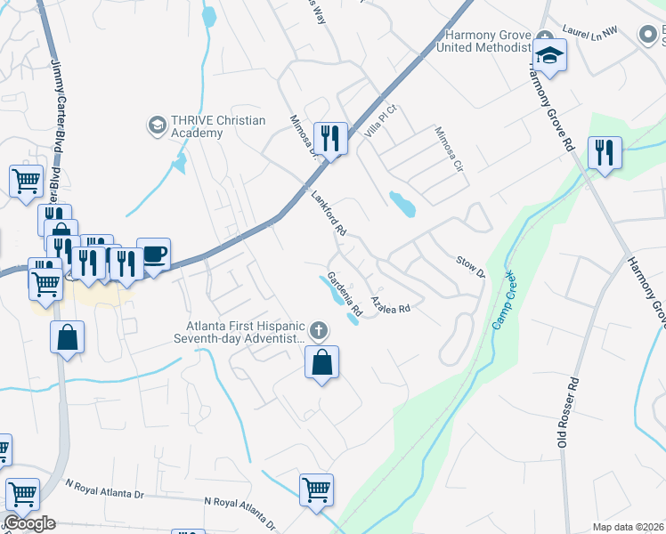 map of restaurants, bars, coffee shops, grocery stores, and more near 171 Gardenia Road in Tucker