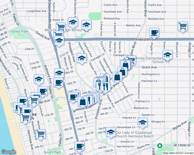 map of restaurants, bars, coffee shops, grocery stores, and more near 1536 Silver Street in Hermosa Beach