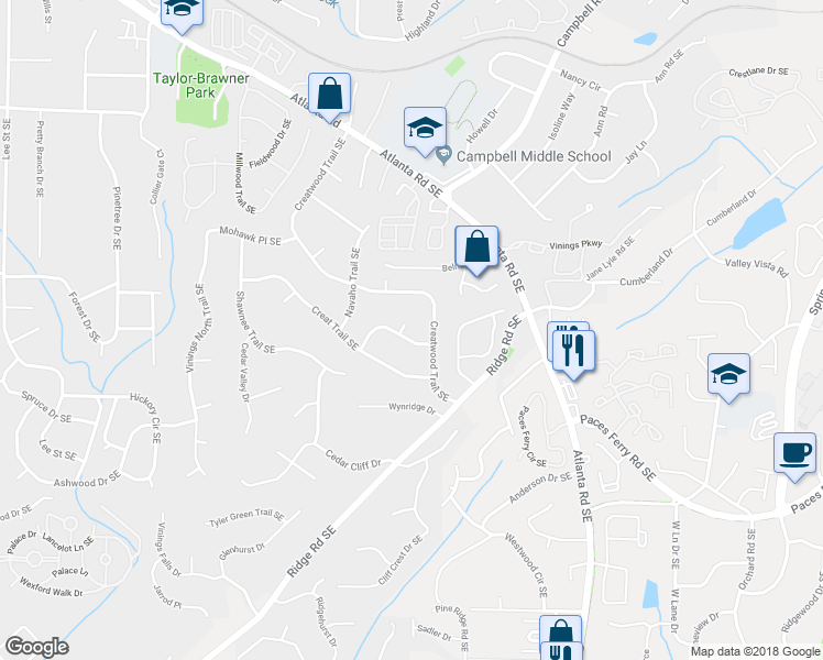 map of restaurants, bars, coffee shops, grocery stores, and more near 3505 Commanche Court Southeast in Smyrna