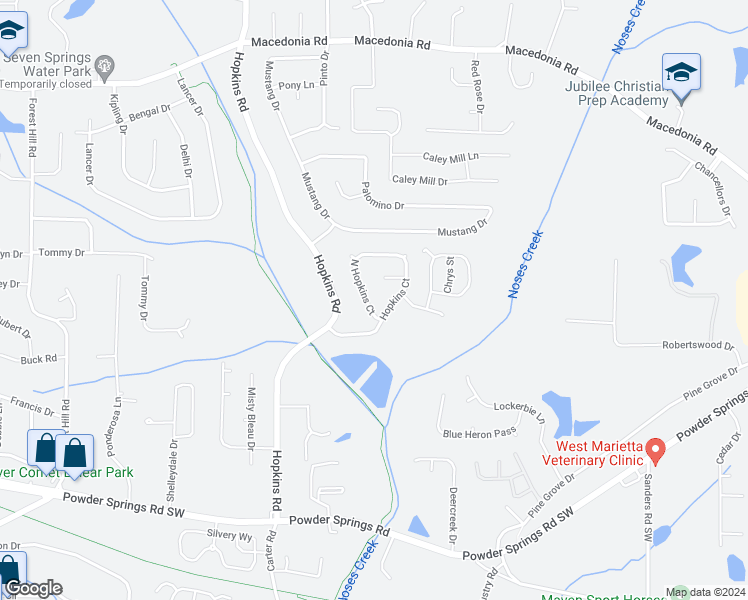 map of restaurants, bars, coffee shops, grocery stores, and more near 3591 Hopkins Court in Powder Springs