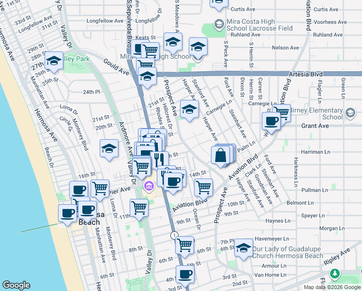 map of restaurants, bars, coffee shops, grocery stores, and more near 1024 17th Street in Hermosa Beach