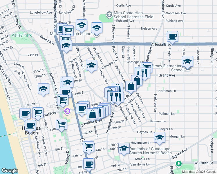 map of restaurants, bars, coffee shops, grocery stores, and more near 1508 Harper Avenue in Redondo Beach