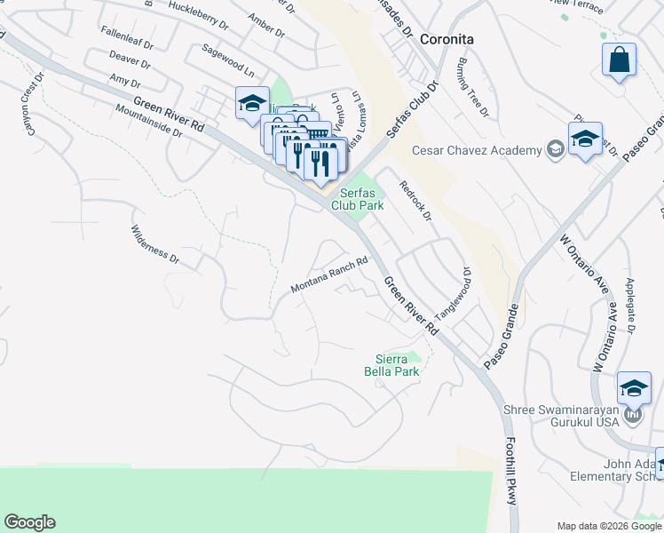 map of restaurants, bars, coffee shops, grocery stores, and more near 1533 Classico Way in Corona