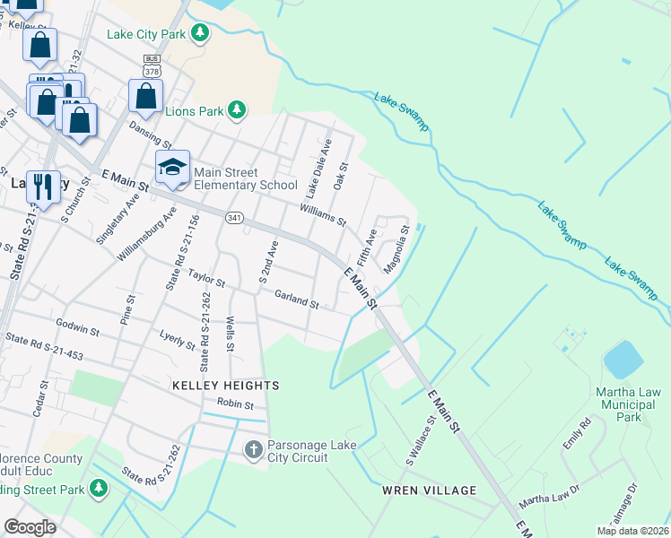 map of restaurants, bars, coffee shops, grocery stores, and more near 106 Brockwood Drive in Lake City
