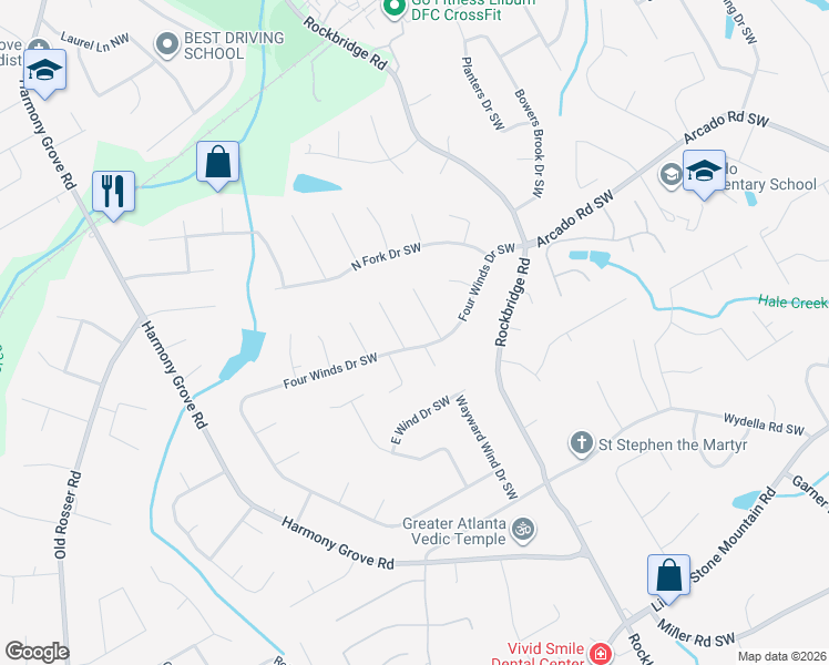 map of restaurants, bars, coffee shops, grocery stores, and more near 284 Four Winds Drive Southwest in Lilburn