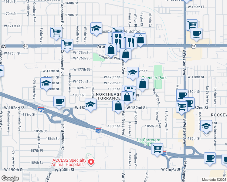 map of restaurants, bars, coffee shops, grocery stores, and more near 2306 180th Street in Torrance