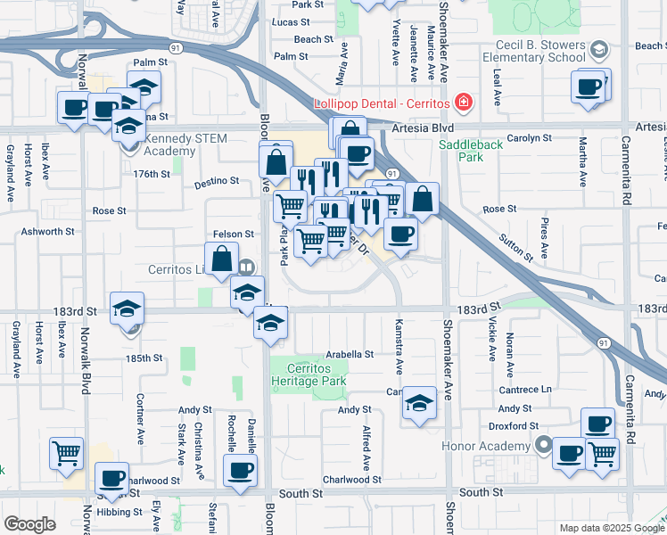 map of restaurants, bars, coffee shops, grocery stores, and more near 12750 Center Court Drive South in Cerritos