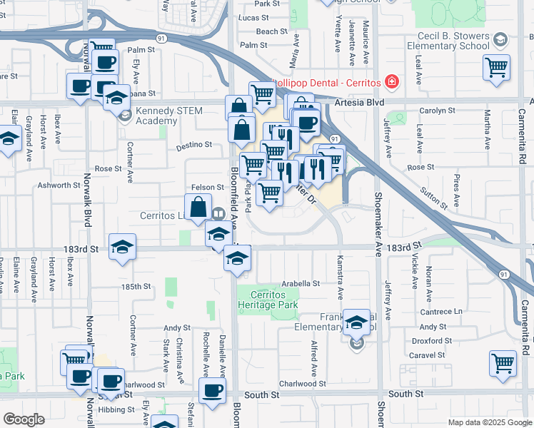 map of restaurants, bars, coffee shops, grocery stores, and more near 18000 Park Plaza Drive in Cerritos