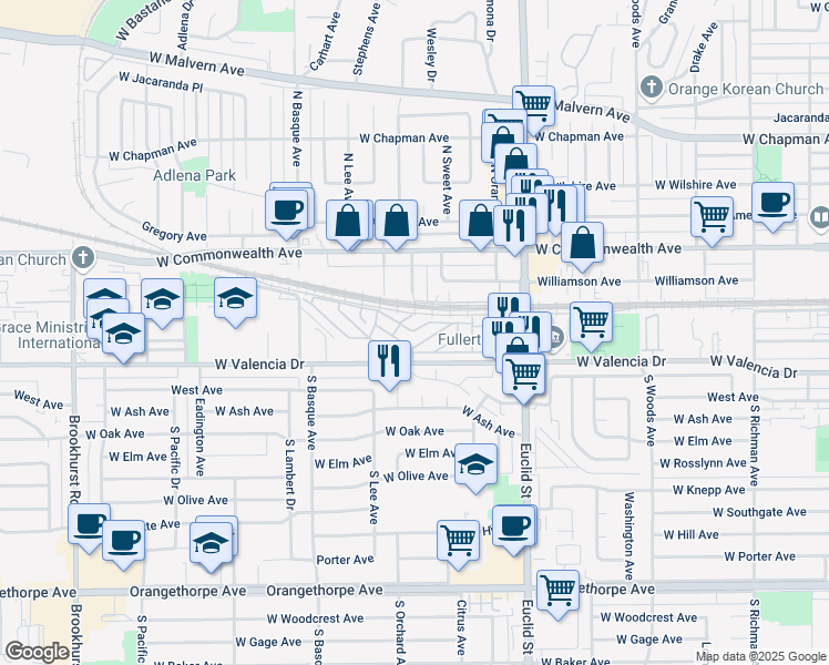 map of restaurants, bars, coffee shops, grocery stores, and more near 1201 West Valencia Drive in Fullerton