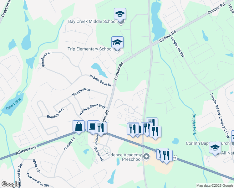 map of restaurants, bars, coffee shops, grocery stores, and more near 962 Cooper Road in Grayson