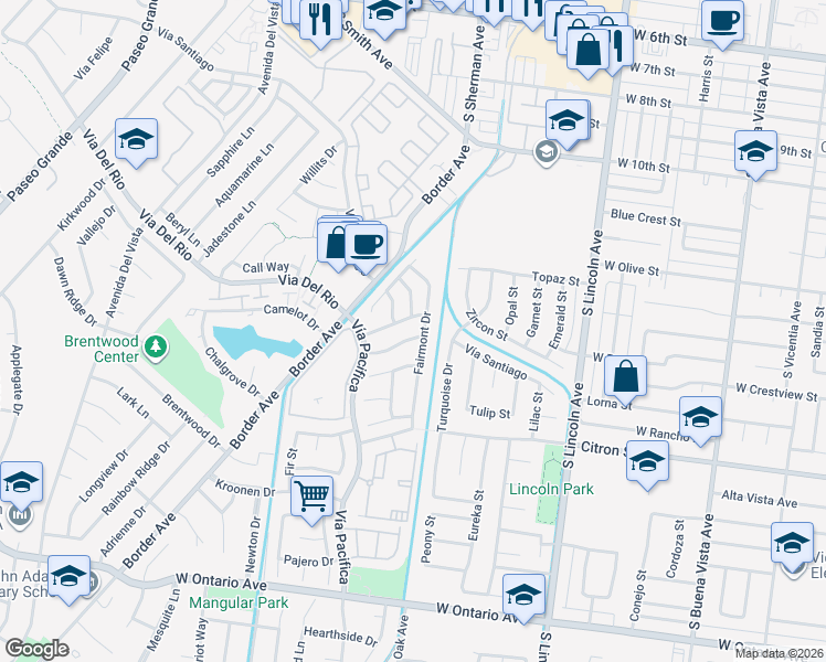 map of restaurants, bars, coffee shops, grocery stores, and more near 1211 Mayfair Drive in Corona