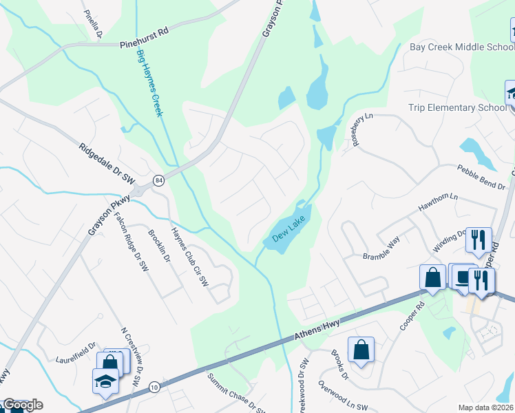 map of restaurants, bars, coffee shops, grocery stores, and more near 1318 Cascade View Drive Southwest in Grayson