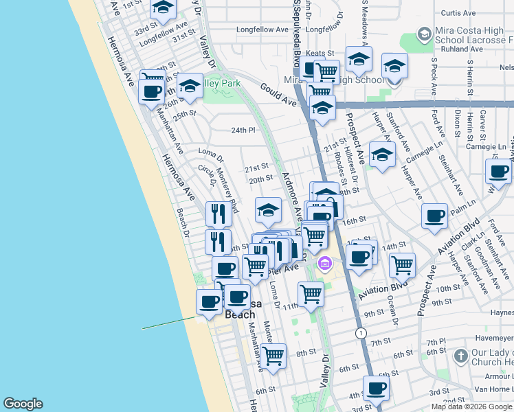 map of restaurants, bars, coffee shops, grocery stores, and more near 1807 Valley Park Avenue in Hermosa Beach