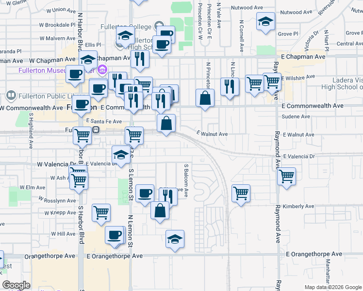 map of restaurants, bars, coffee shops, grocery stores, and more near 503 East Truslow Avenue in Fullerton