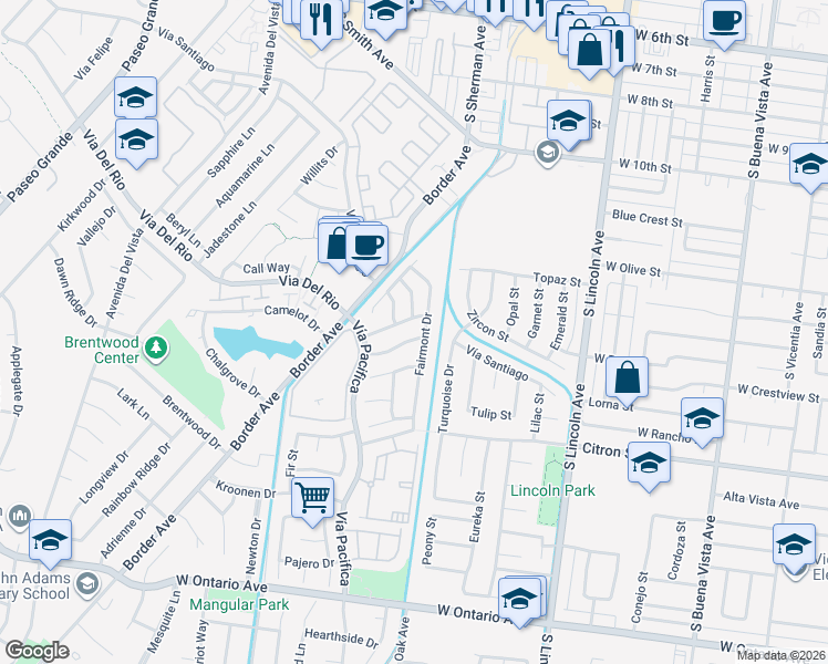 map of restaurants, bars, coffee shops, grocery stores, and more near 1211 Mayfair Drive in Corona