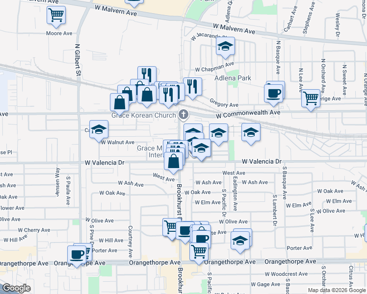 map of restaurants, bars, coffee shops, grocery stores, and more near 1741 West Valencia Drive in Fullerton