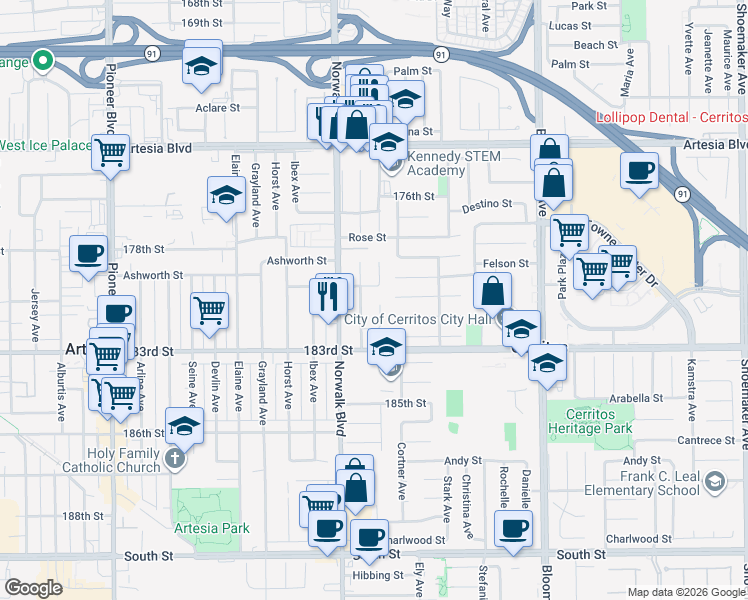 map of restaurants, bars, coffee shops, grocery stores, and more near 18023 Belshire Avenue in Artesia