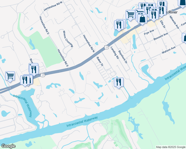 map of restaurants, bars, coffee shops, grocery stores, and more near 4348 Oakwood Circle in Little River