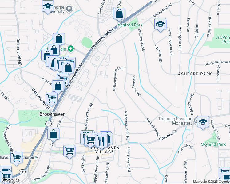 map of restaurants, bars, coffee shops, grocery stores, and more near 2748 North Thompson Road Northeast in Atlanta