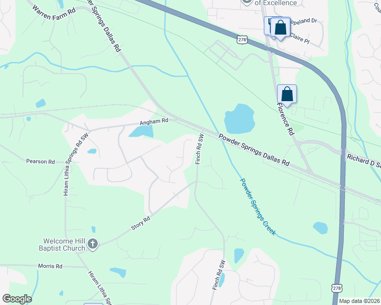 map of restaurants, bars, coffee shops, grocery stores, and more near 3564 Finch Road Southwest in Powder Springs
