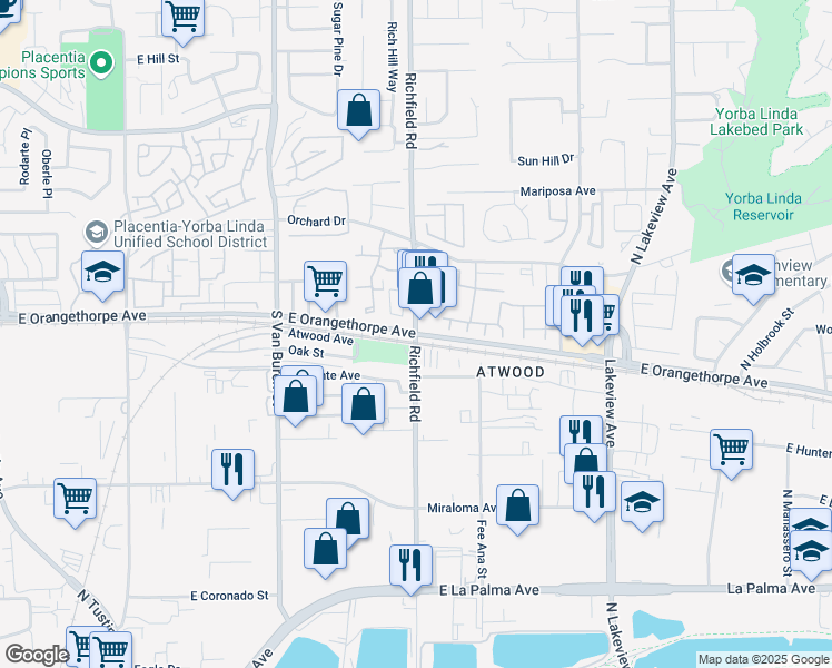 map of restaurants, bars, coffee shops, grocery stores, and more near E Orangethorpe Ave & S Richfield Rd in Placentia