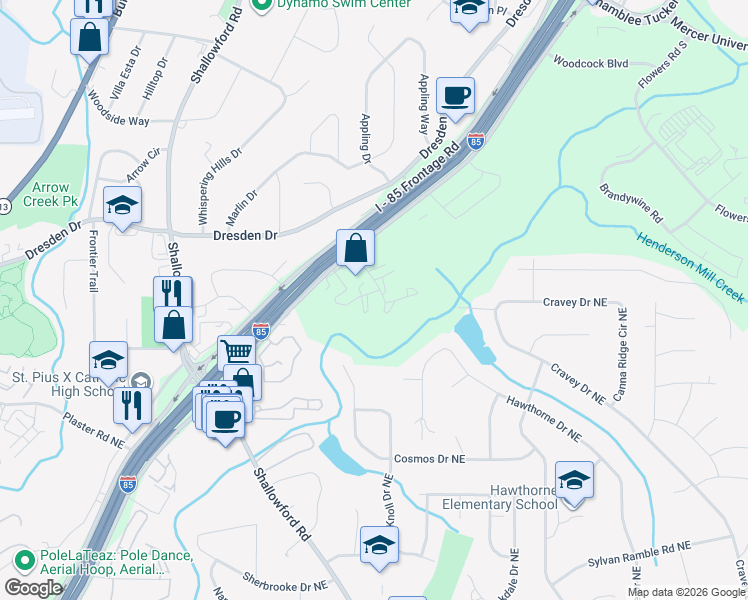 map of restaurants, bars, coffee shops, grocery stores, and more near 3091 Colonial Way in Atlanta