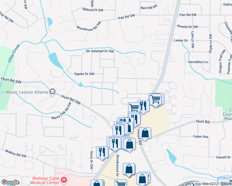 map of restaurants, bars, coffee shops, grocery stores, and more near 3517 Greenway Drive Southwest in Marietta