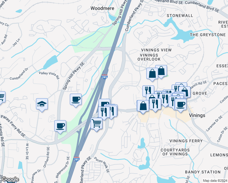 map of restaurants, bars, coffee shops, grocery stores, and more near 2500 Cumberland Parkway Southeast in Atlanta