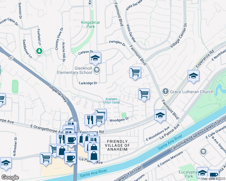 map of restaurants, bars, coffee shops, grocery stores, and more near 19866 Oakvale Drive in Yorba Linda