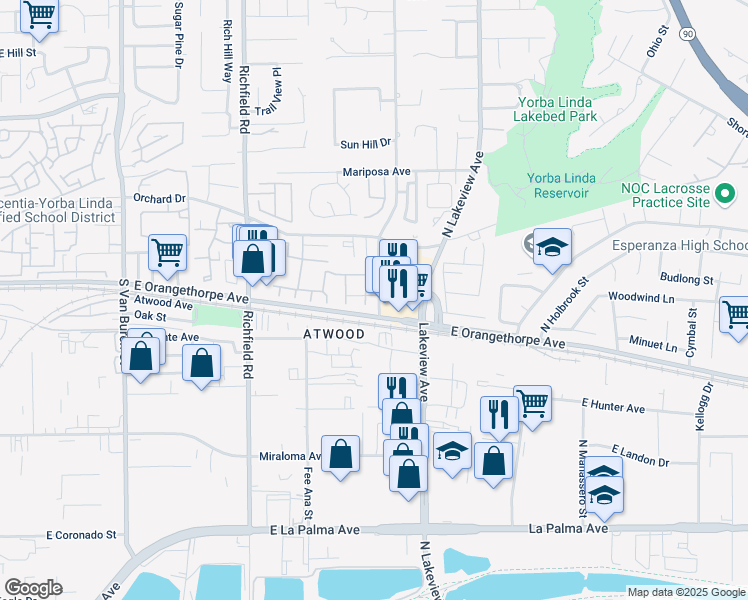 map of restaurants, bars, coffee shops, grocery stores, and more near 2019 East Orangethorpe Avenue in Placentia